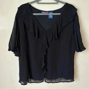 Phool Black Short Sleeve Flowy V-Neck Ruffle Blouse Women’s Size Large